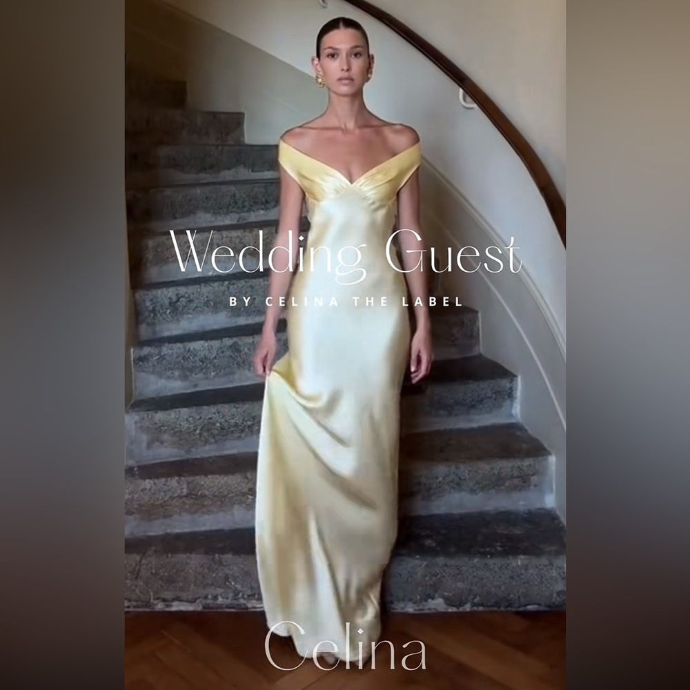 Celina the Label “Emory” Satin Yellow Off-Shoulder Dress